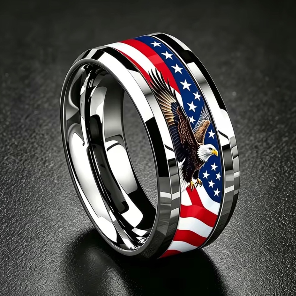 Patriotic Eagle Stainless Steel Men's Ring - Red White Blue